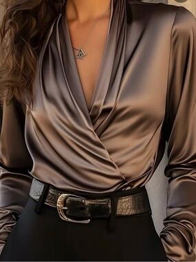 Satin Surplice Blouse in Taupe - Women Tops